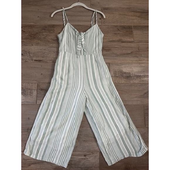 MINKPINK Low Tide Tie Front Cropped Jumpsuit Green White XS - Picture 2 of 10